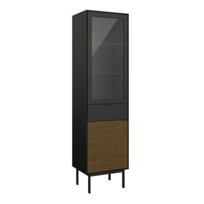 Donna Retro Tall Slim Black Display Cabinet with Dark Wood
