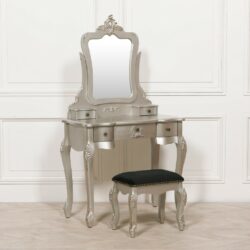 French Ornate Vintage Silver Dressing Table and Stool Set
