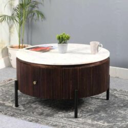 Jacques Art Deco Round Dark Wooden Coffee Table with White Marble Top