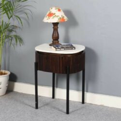 Jacques Oval Art Deco Dark Wooden Bedside Table Lamp Table with White Marble Top