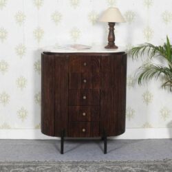 Jacques Oval Art Deco Dark Wooden Chest of Drawers with White Marble Top