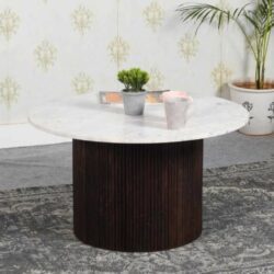 Jacques Round Art Deco White Marble Coffee Table with Dark Wooden Base