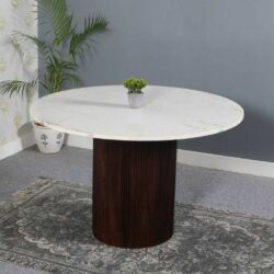 Jacques Round Art Deco White Marble Dining Table with Dark Wooden Base