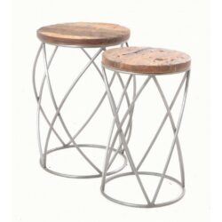 Jasper Rustic Round Wooden Side Table Set with Silver Lattice Metal Bases