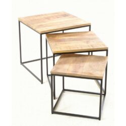 Jasper Square Rustic Wooden Nest of Tables with Metal Base Legs