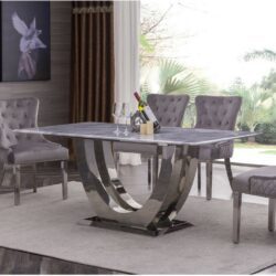 Juno Modern Large Marble Dining Table with Silver Stainless Steel Base