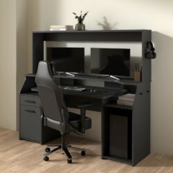 Large Black Gaming Desk with Shelving & Storage