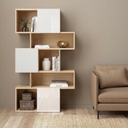 Maiden Asymetrical Modern Bookcase Display Unit in Oak Wood Effect & White