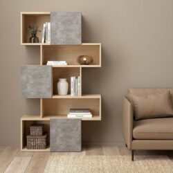 Maiden Modern Asymmetrical Bookcase Display Unit in Concrete Grey & Oak