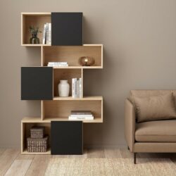 Maiden Modern Asymmetrical Bookcase Display Unit in Oak Wood Effect & Black