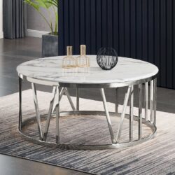 Minerva Round White Marble Coffee Table with Silver Base