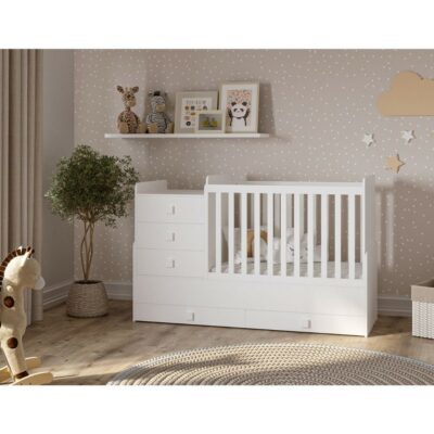 Multifunction White Cot Bed with Changing Table and Drawers