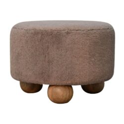 Buffy Round Faux Fur Footstool in Latte Brown with Wooden Feet