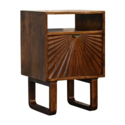 Chestnut Wooden Bedside Table with Carved Sunrise Design