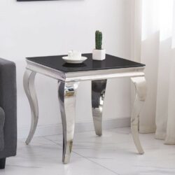 Cordelia Black Glass Lamp Table with Silver Legs