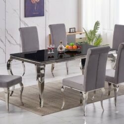Cordelia Large Black Glass Dining Table with Silver Legs