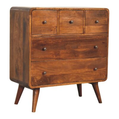 Curved Chestnut Wooden Chest of Drawers 3 Over 2