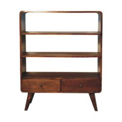 Curved Short Open Chestnut Wooden Bookcase with Drawers