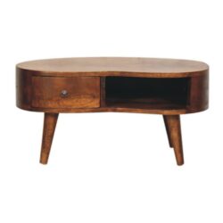 Curved Small Chestnut Wooden Coffee Table with Drawer in a Kidney Shape