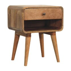 Curved Wooden Bedside Table with Drawer & Oak Finish
