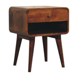 Curved Wooden Chestnut Bedside Table with Drawer