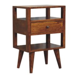 Dark Wooden Chestnut Bedside Table with Drawer & Open Slots