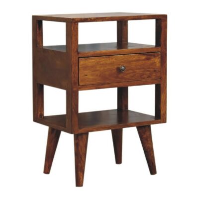 Dark Wooden Chestnut Bedside Table with Drawer & Open Slots