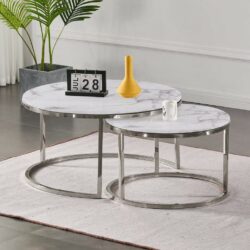 Galatea Modern Round White Marble Coffee Table Set with Silver Bases