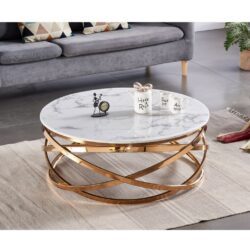 Janus Modern Round White Marble Coffee Table with Gold Base