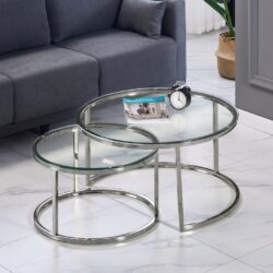 Juliet Modern Round Glass Coffee Table and Lamp Table Set with Silver Bases