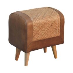 Luxury Brown Leather Footstool with Seagrass Detail
