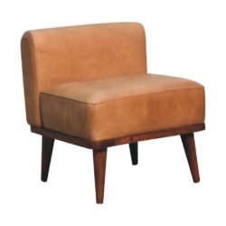 Luxury Low Tan Brown Leather Chair with Wooden Legs