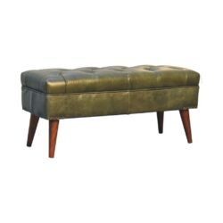 Luxury Olive Green Leather Bench with Buttoned Seat