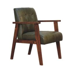 Luxury Olive Green Leather Chair with Wooden Legs