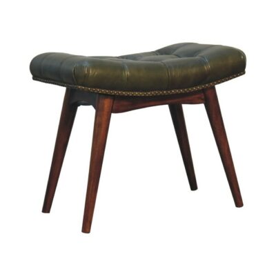 Luxury Olive Green Leather Stool with Buttoned Seat