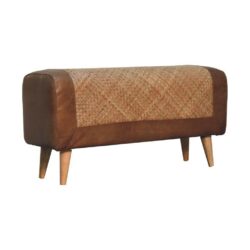 Luxury Rustic Brown Leather Bench with Seagrass & Wooden Legs