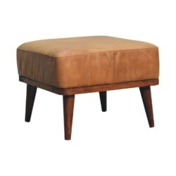 Luxury Tan Brown Leather Footstool with Wooden Legs