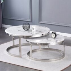 Oberon Round White Marble Coffee Table Set with Silver Bases