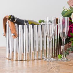Polished Silver Wine Cooler Champagne Bucket with Fluted Design & Leather Handles