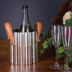 Polished Silver Wine Cooler with Fluted Design & Leather Handles