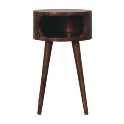 Round Small Dark Wooden Bedside Table with Chestnut Finish
