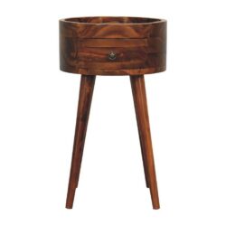 Round Small Dark Wooden Bedside Table with Drawer & Chestnut Finish