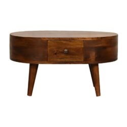 Rounded Small Chestnut Wooden Coffee Table with Drawers