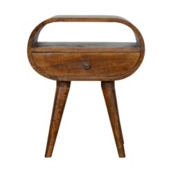Rounded Small Wooden Chestnut Bedside Table with Drawer