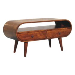 Rounded Wooden TV Cabinet with Drawers & Slot in Chestnut Finish