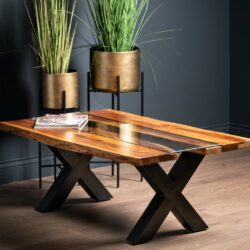 Rustic Wooden Coffee Table with Glass Insert & Metal Legs