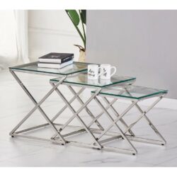 Salvo Modern Nest of Glass Tables with Silver Legs