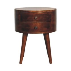 Sara Round Wooden Bedside Table with Drawers & Chestnut Finish