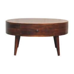 Sara Round Wooden Coffee Table with Drawers & Chestnut Finish