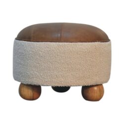 Tabitha Round Brown Leather Footstool with Cream Fleece & Wooden Feet